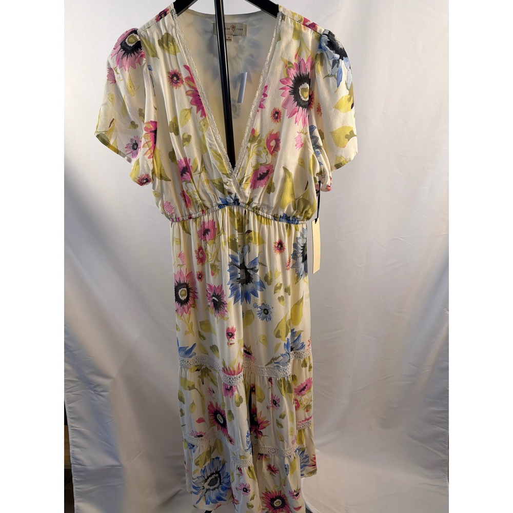 Penelope Rose Floral Lace Trim Maxi Dress V-Neck Elastic Waist Cream Pink Small